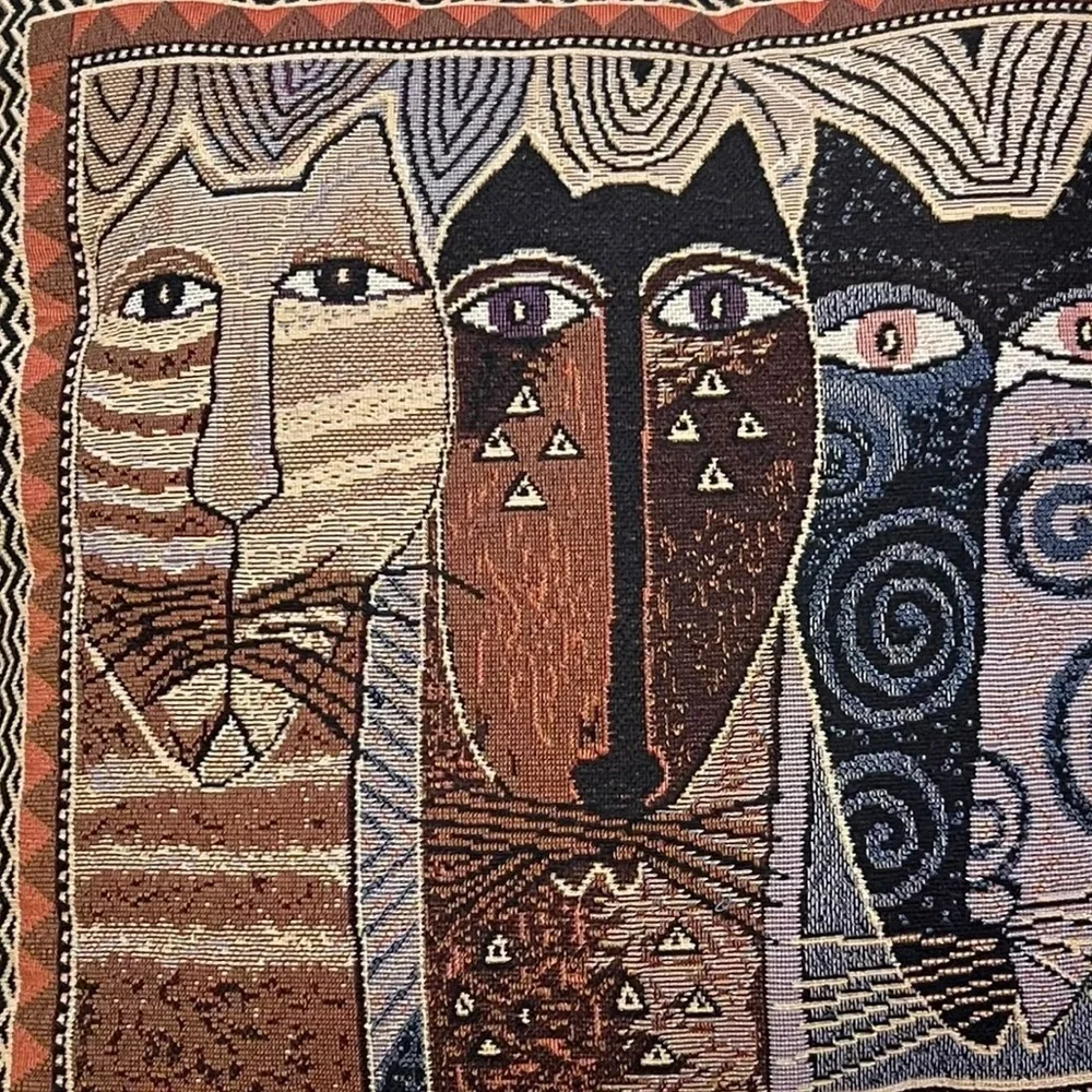 Vintage Laurel Burch Cats Tapestry Throw Pillow 16” Sq. Tan Ultrasuede Back